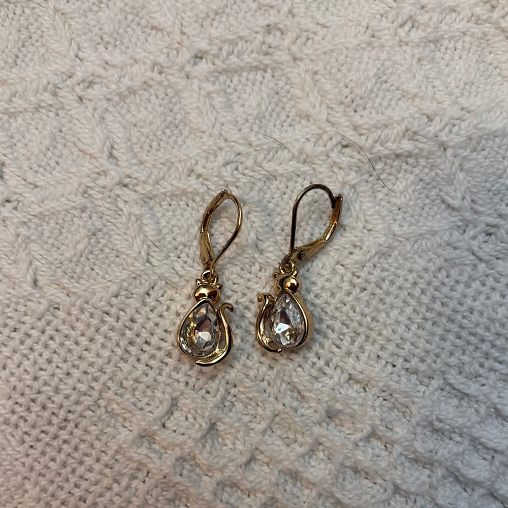 Gold Cat Teardrop Crystal Earrings
